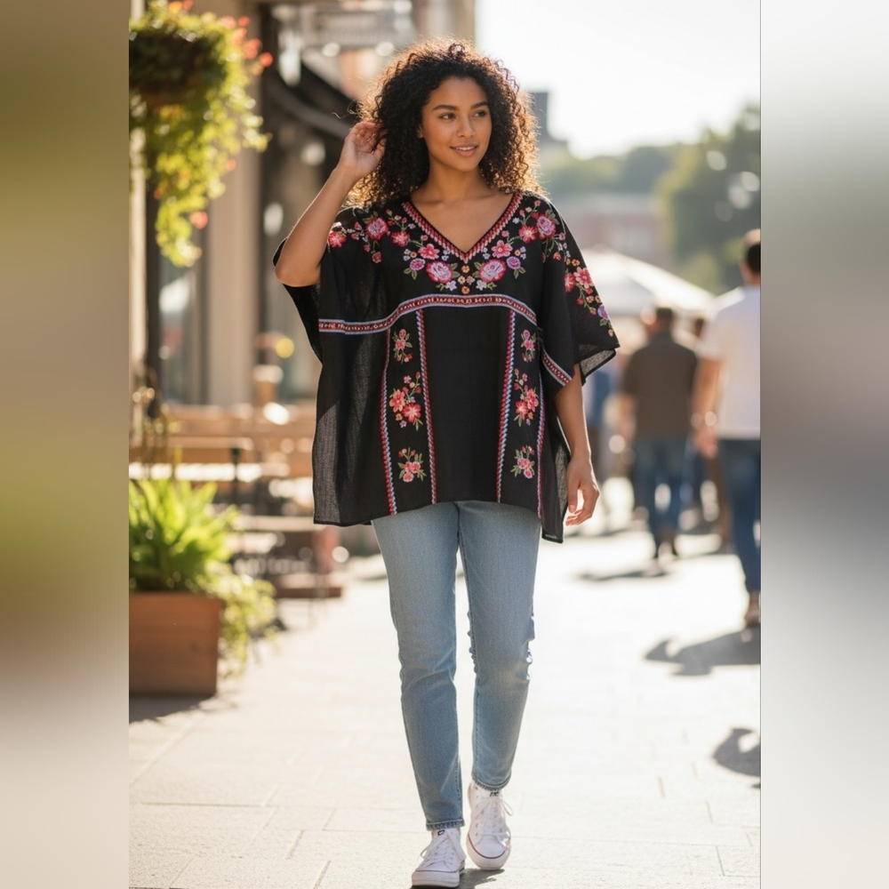 Savanna Jane Black Embroidered Floral V-Neck Tunic